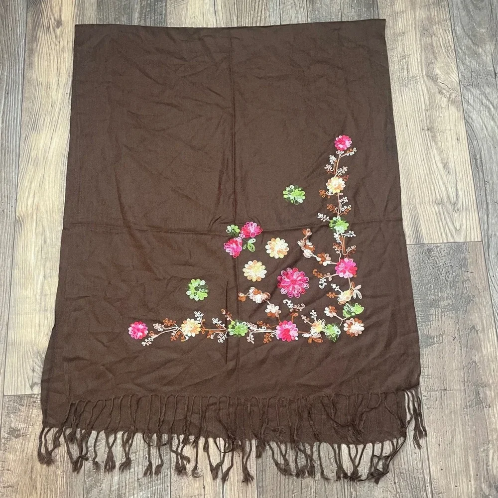 Brown Embroidered Floral Scarf Shawl Wrap Fringe Women's‎ Fashion Accessory